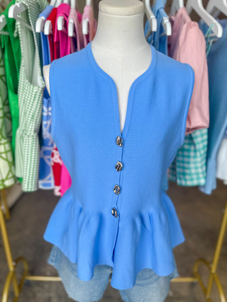 The Blue Polished Peplum Silver Button Top