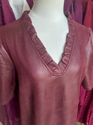Burgundy Ruffled & Sweet Faux Leather Mini Dress
