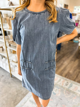 Summer Denim Braided Details Puff Sleeve Mini Dress