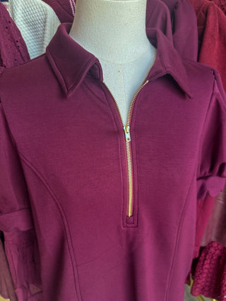 Wine Confident & Collected Half Zip Mini Dress