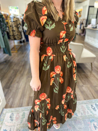 Brown Flora Midi Dress