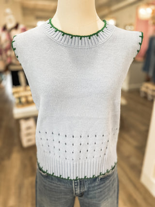 Sky Blue & Green Playful Trim Sweater Vest