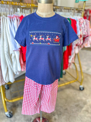 Christmas Holiday Celebration Boys Set: Navy W/ Santa Sleigh