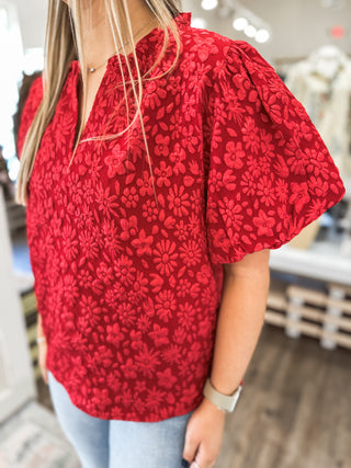 Red Embossed Floral Balloon Sleeve Blouse