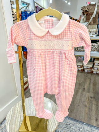 Ruthie Pink Mini Checks Smocked Collared Footie