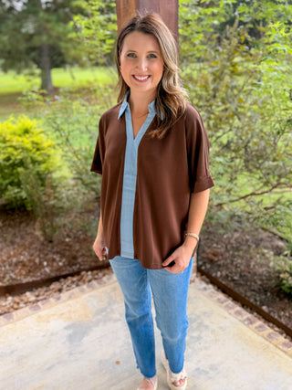 Brown Windsor Contrast Collared Top