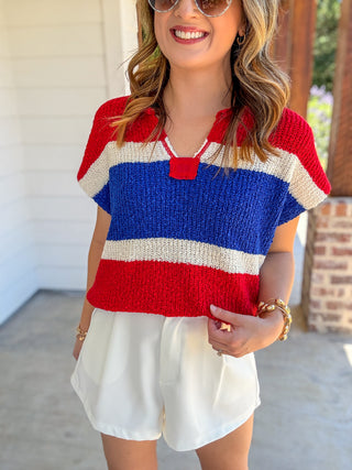 Red & Royal Blue Color Block Textured Crochet Sweater Top
