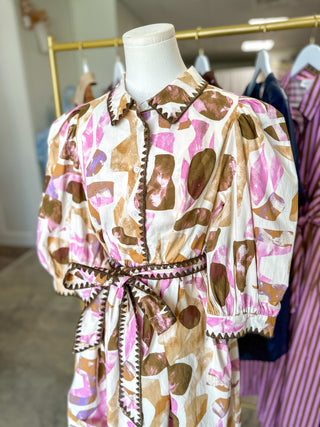 Cream & Orchid Watercolor Wander Belted Mini Dress