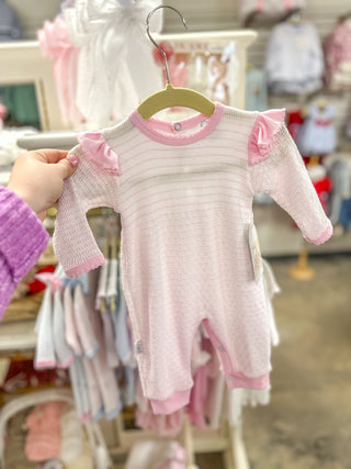 Paty Pal Pink w/ Pink Trim Pinstripe Angel Sleeve Romper
