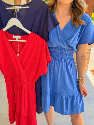 Ocean Blue Soft Structure Smocked V-Neck Mini Dress