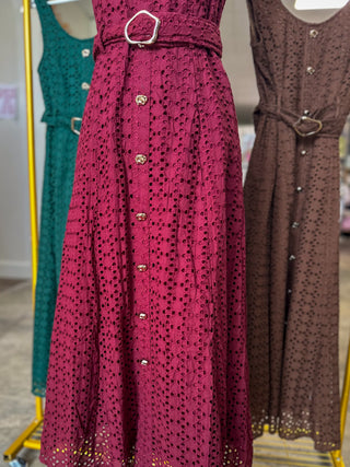 Burgundy Charlotte Eyelet Belted Maxi Dress
