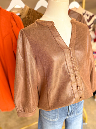 Brown Sleek Buttons Faux Leather Top