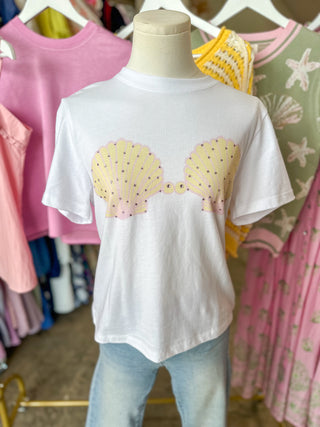 White W/ Pink & Yellow Bedazzled Seashell Bikini Cropped Tee
