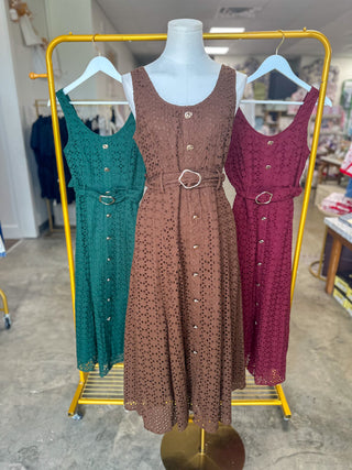 Brown Charlotte Eyelet Belted Maxi Dress