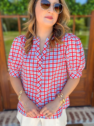 Elaine Gingham Red/Blue Short Sleeve Top