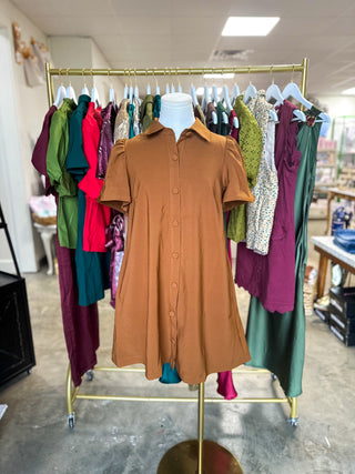 Camel Charm Button Down Collared Mini Dress