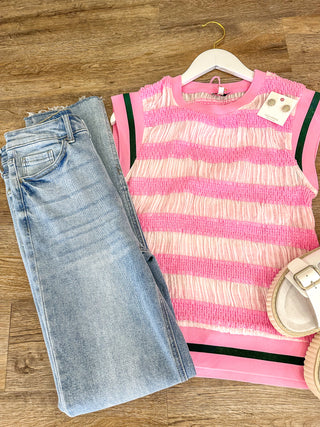Hues of Pink Striped Sleeveless Top W/ Hunter Green Striped Accent Band