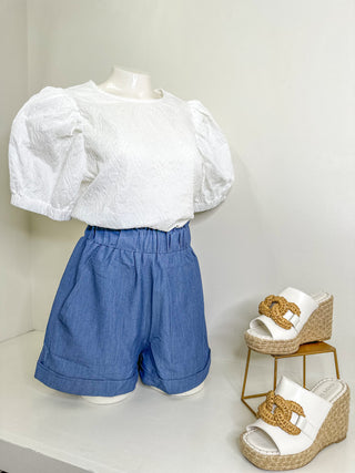 Denim Blue High-Waisted Ruffle Elastic Shorts