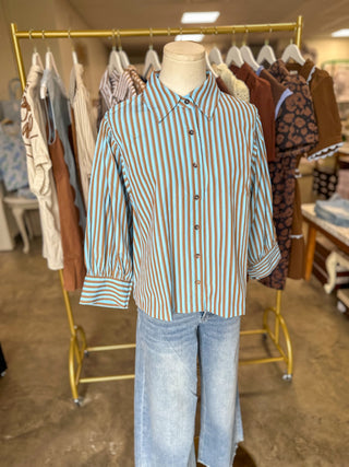 Blue & Camel Harvest House Striped Button Down Top