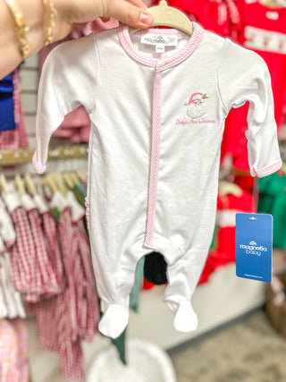 Girls Pink Santa Baby Embroidered Ruffle Footie