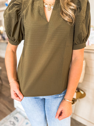 Olive Ruffle Puff Sleeve Textured Top