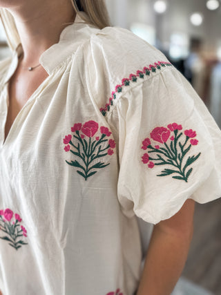 Cream Cottage Bloom Embroidered Bubble Sleeve Blouse