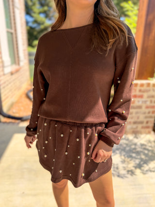 Brown Pearl Charm Long Sleeve Top & Skort Set