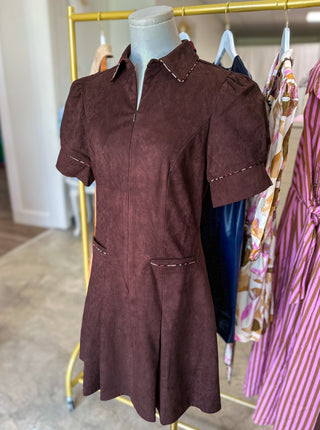 Cocoa Couture Pleated W/ Leopard Piping Suede Mini Dress