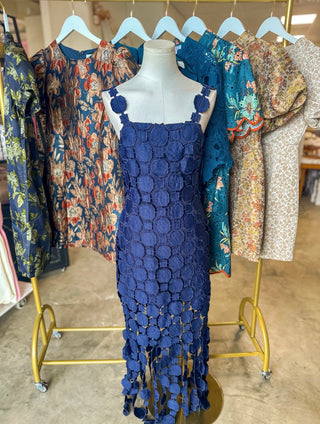 Navy Hyacinth Lace Fringe Midi Dress