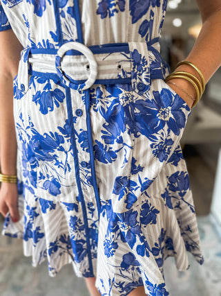 Deep Blue Stripes & Stems Buttoned & Belted Mini Dress