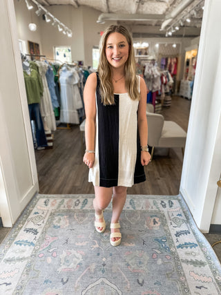 Black & Off-White City Stroll Wide Stripe Sleeveless Mini Dress
