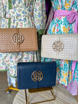 Woven Tan Cecillia Circle Logo Handbag | Caroline Hill