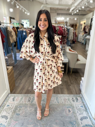 Ecru Floral Whispers Tie Waist Mini Dress