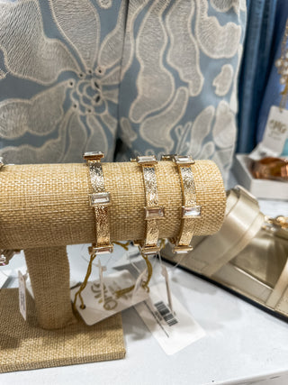 Textured Gold W/ Clear Rectangle Crystals Stretch Bracelet