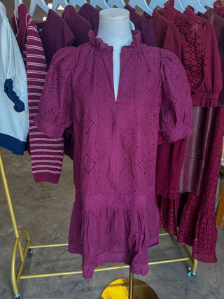 Wine Evelyn Eyelet Mini Dress