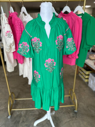 Kelly Green Cottage Bloom Embroidered Bubble Sleeve Mini Dress