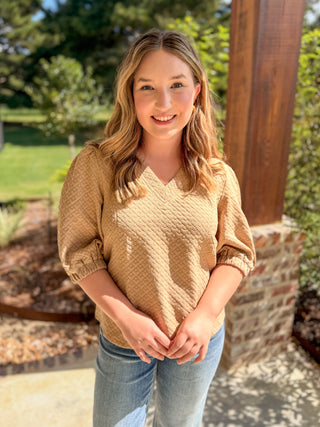 Taupe Diamond Textured Puff Sleeve Top