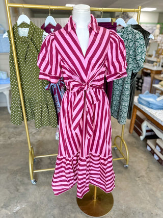 Pink & Wine Stripe Society Tie Waist Maxi Dress