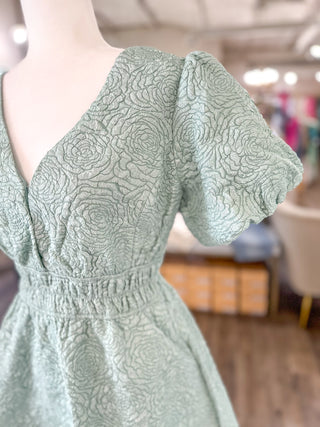 Light Sage Floral Jaquard Elastic Waist Mini Dress