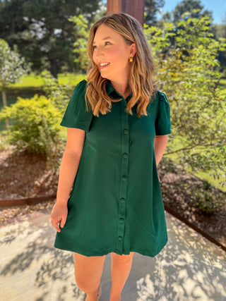 Hunter Green Charm Button Down Collared Mini Dress