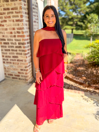 Wine Ruffled Romance Maxi Dress W/ Neck Scarf