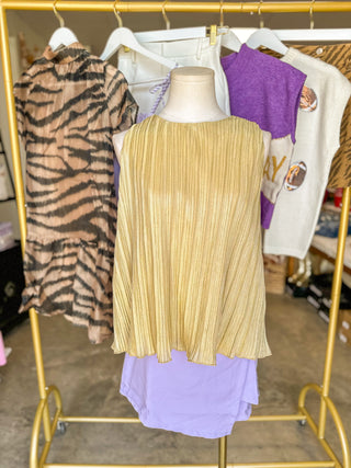 Welcome to New York Gold Sleeveless Pleated Shimmer Top