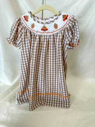 Thanksgiving Smocking Embroidered Brown Plaid Dress