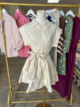 Cream Utility Contrast Stitch Pleated Mini Dress