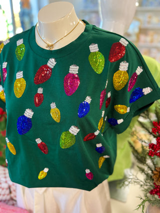 Hunter Green Sequin & Scattered Christmas Lights Cuff Sleeve Top