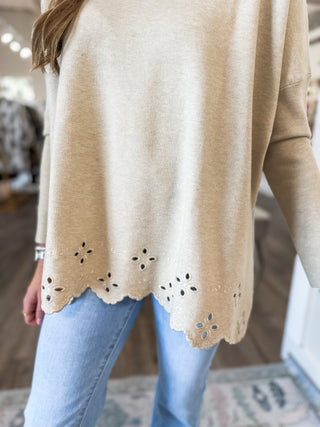 Oatmeal Soft & Sleek Scalloped Eyelet Hem Long Sleeve Sweater Top