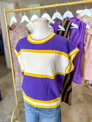 Purple & Gold Game Day Classic Stripe Sleeveless Sweater