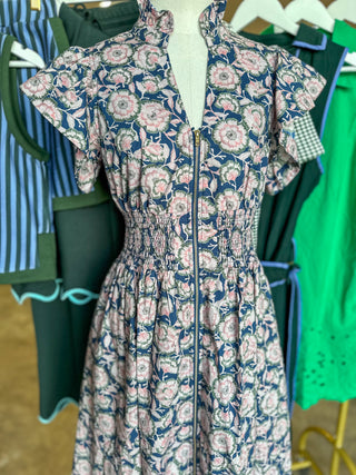 Navy Floral Conservatory Flutter Sleeve Zip Midi Dress