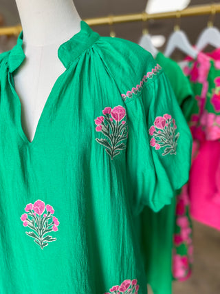 Kelly Green Cottage Bloom Embroidered Bubble Sleeve Blouse
