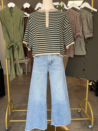 Green & Tan Striped Short Sleeve Henley Knit Top
